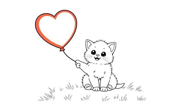 Una placa para colorear de un gatito blanco con ojos grandes y brillantes sosteniendo un globo rojo en forma de corazón.