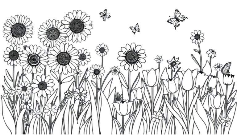 Una placa para colorear de un campo lleno de flores y mariposas.