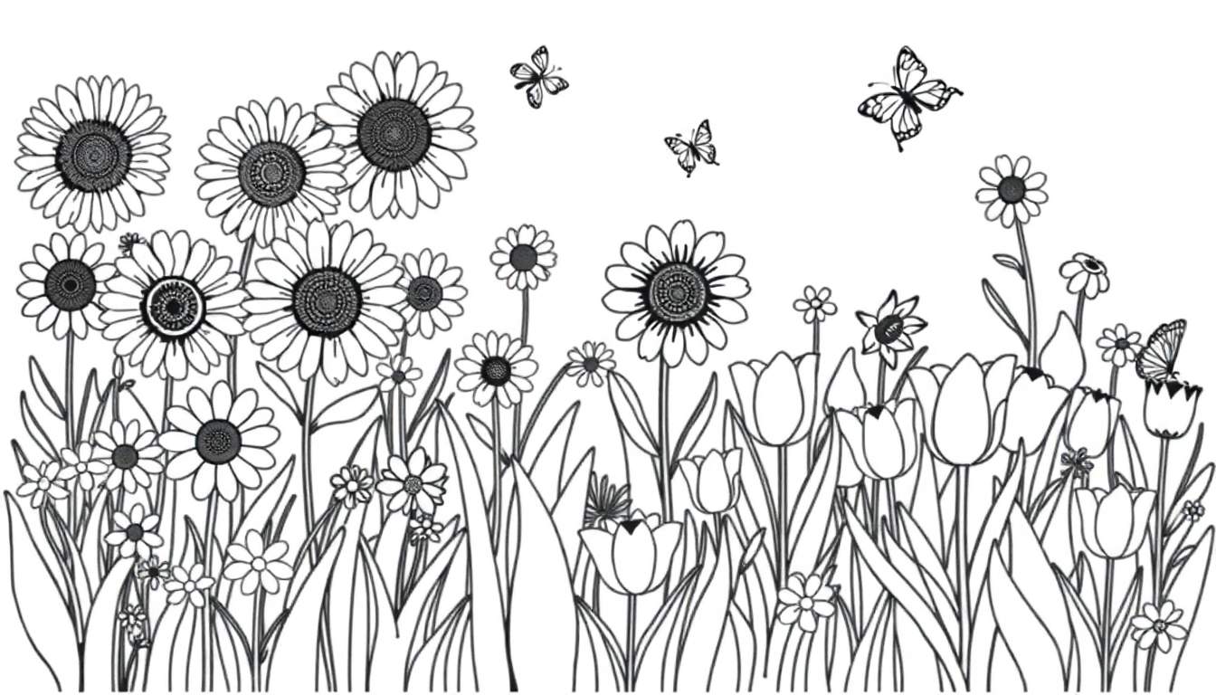 Una placa para colorear de un campo lleno de flores y mariposas.