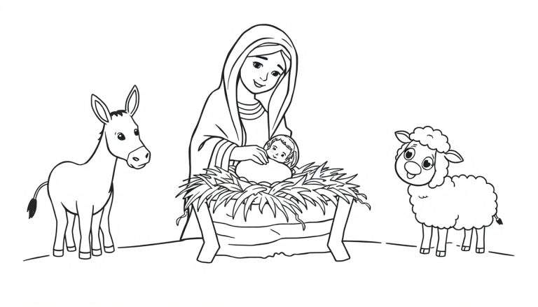 Placa para colorear: El nacimiento de Jesús, con María sosteniendo al bebé Jesús en un pesebre, junto a un burro y una oveja.