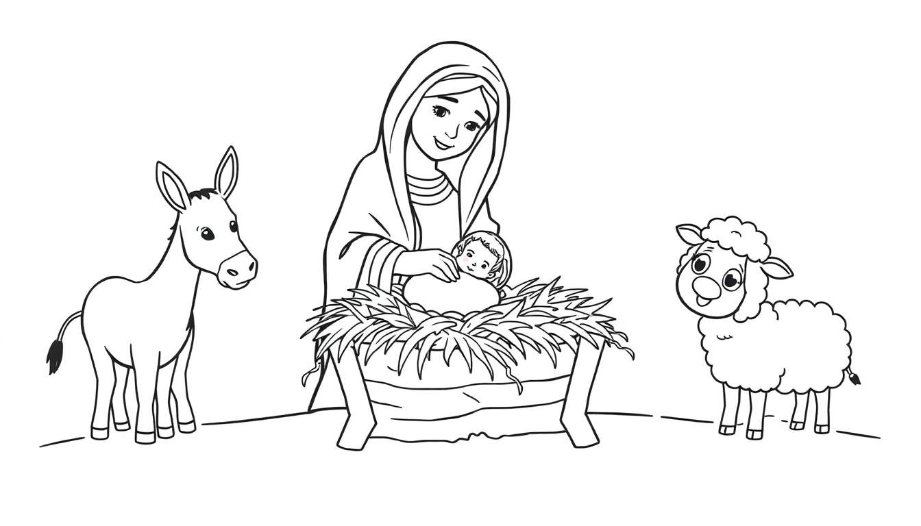 Placa para colorear: El nacimiento de Jesús, con María sosteniendo al bebé Jesús en un pesebre, junto a un burro y una oveja.
