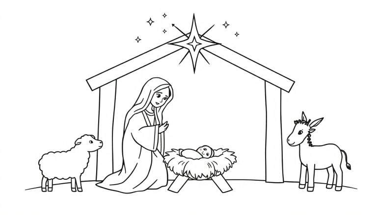 Una placa para colorear con un dibujo lineal de la Natividad, incluyendo a María, Jesús en el pesebre, una estrella brillante, ovejas y un burro en un establo.