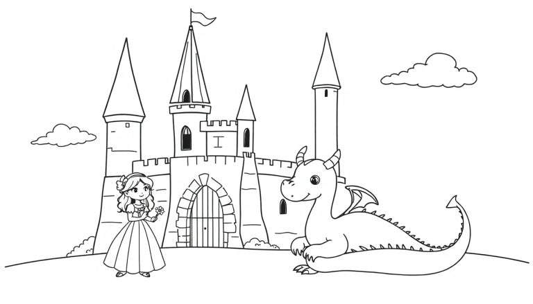 Página para colorear de un castillo de cuento de hadas con una princesa y un dragón amigable, mostrando a la princesa con un ramo de flores y al dragón sonriendo.