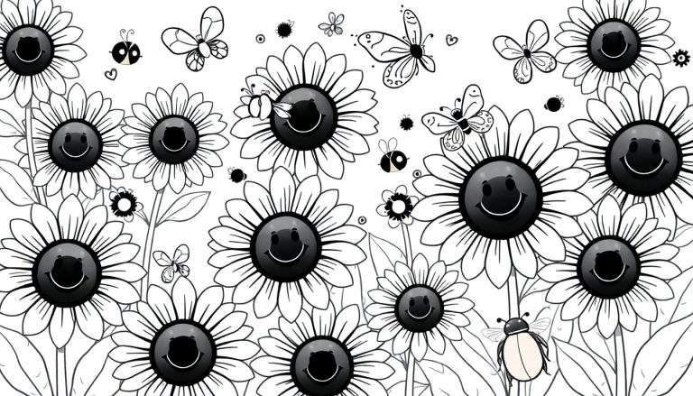 Una placa para colorear con girasoles sonrientes y mariposas revoloteando.