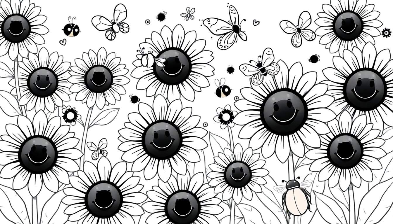 Una placa para colorear con girasoles sonrientes y mariposas revoloteando.