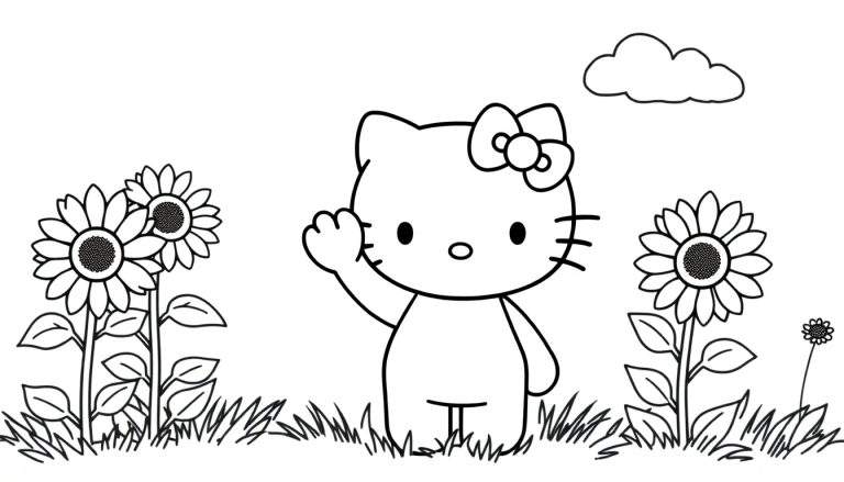 Página de colorear de Hello Kitty saludando en un campo con girasoles y una nube, lista para colorear.