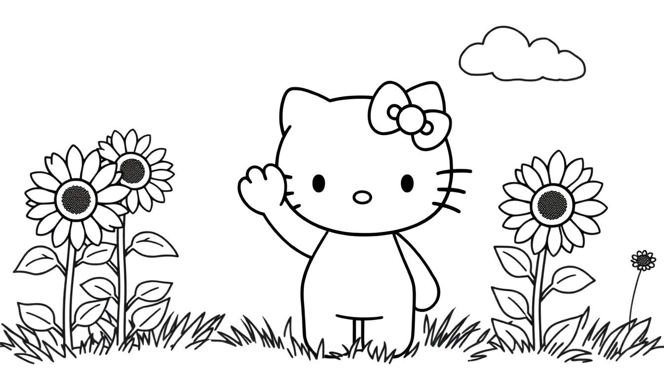 Página de colorear de Hello Kitty saludando en un campo con girasoles y una nube, lista para colorear.
