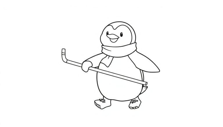 Pingüino sonriente con bufanda y patines, sosteniendo un palo de hockey, listo para colorear.