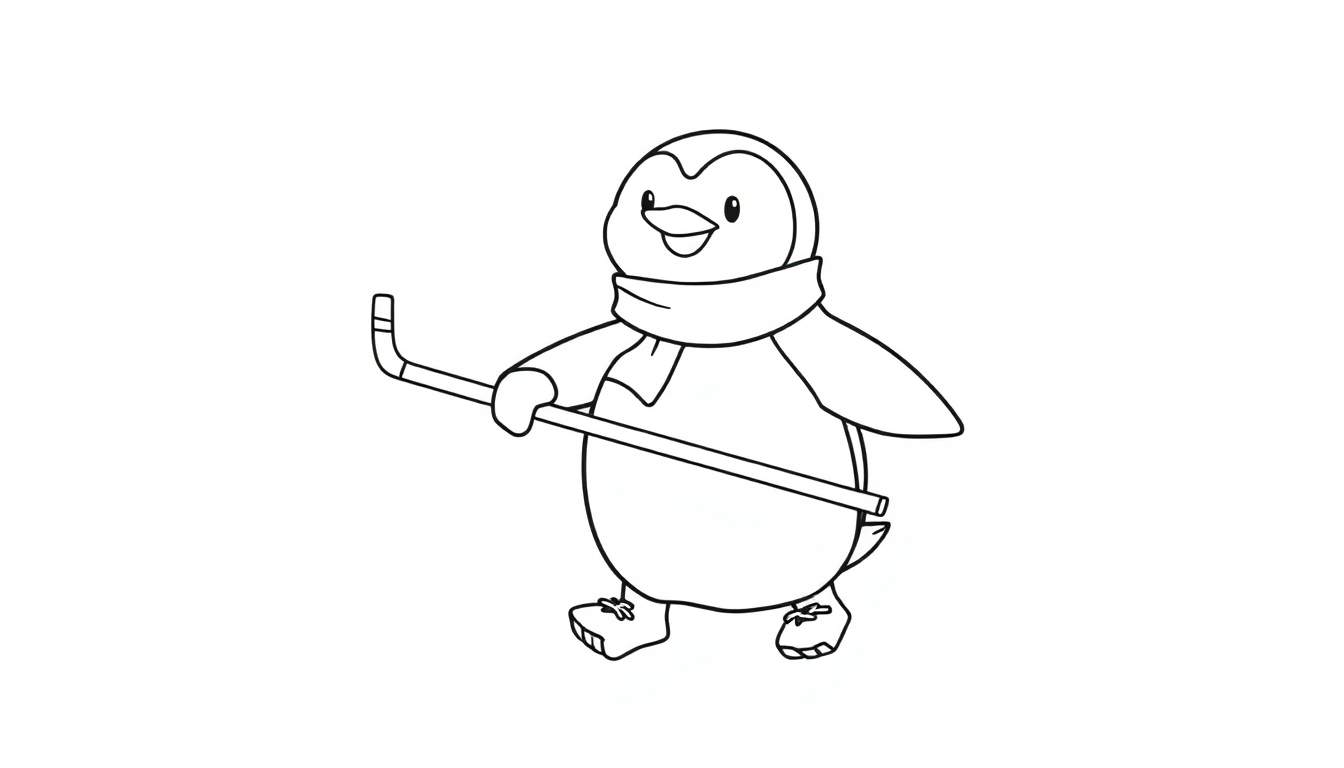 Pingüino sonriente con bufanda y patines, sosteniendo un palo de hockey, listo para colorear.