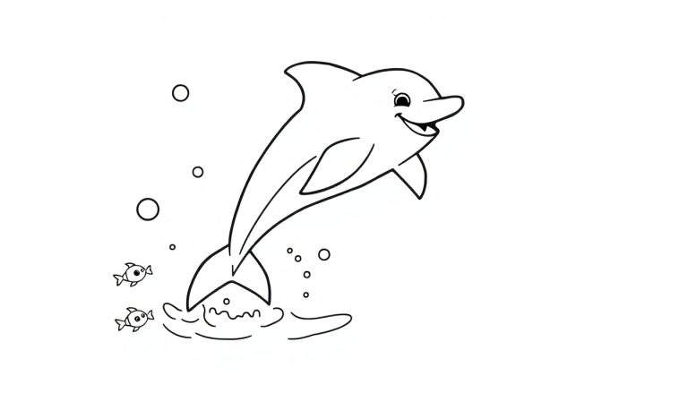 Página para colorear en blanco y negro de un delfín feliz saltando del agua con peces y burbujas.