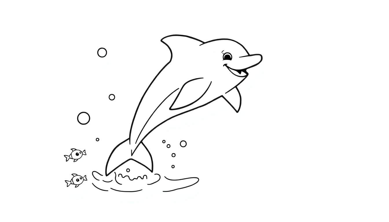 Página para colorear en blanco y negro de un delfín feliz saltando del agua con peces y burbujas.