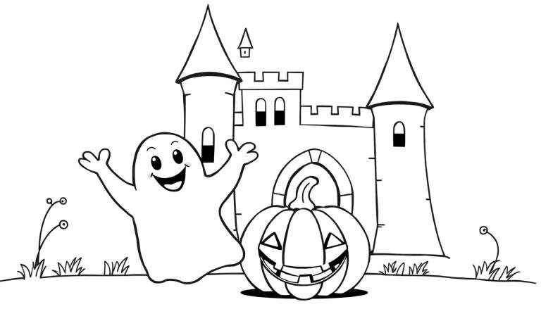 Página para colorear de Halloween en blanco y negro con un fantasma amigable, un castillo tenebroso y una calabaza sonriente.