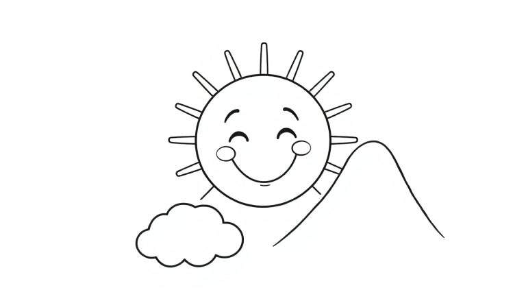 Página para colorear con un sol sonriente, una nube y una montaña, lista para añadir color.