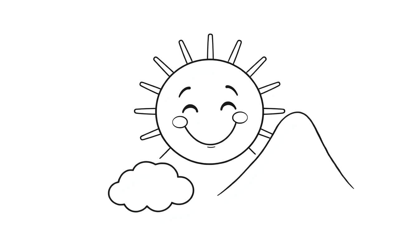 Página para colorear con un sol sonriente, una nube y una montaña, lista para añadir color.