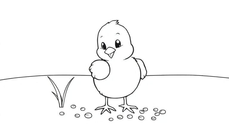 Un pollito tierno en blanco y negro, listo para ser coloreado, picoteando semillas en un campo. Placa de color.