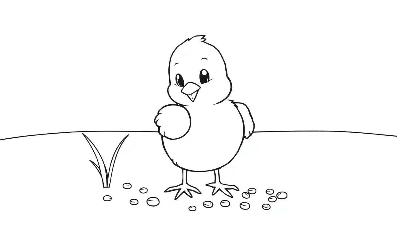 Un pollito tierno en blanco y negro, listo para ser coloreado, picoteando semillas en un campo. Placa de color.