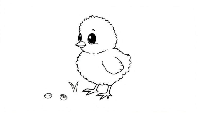 Dibujo lineal de un pollito en una página para colorear de placa de color.