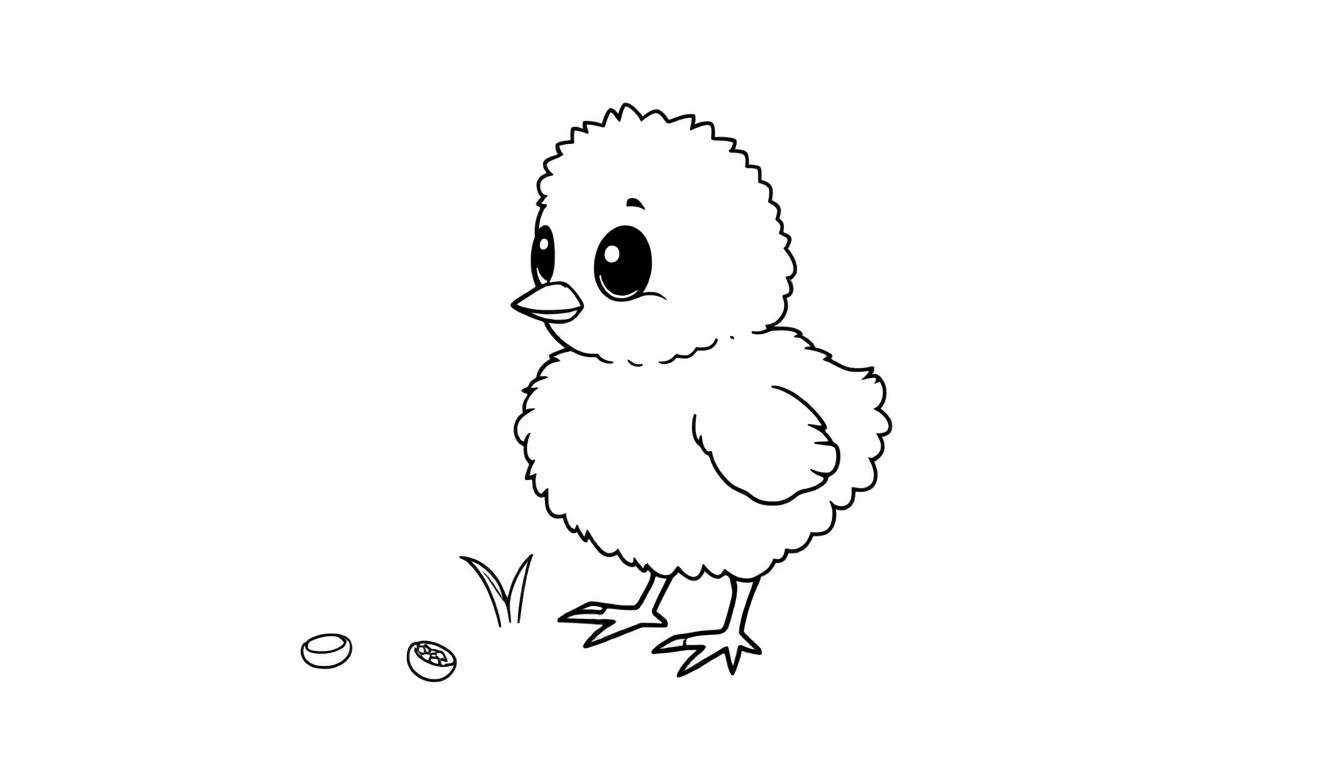 Dibujo lineal de un pollito en una página para colorear de placa de color.