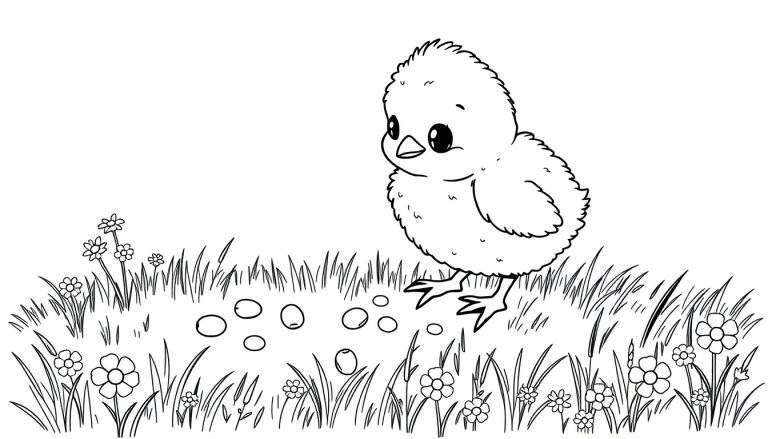 Pollito amarillo de placa de color picoteando semillas en césped.