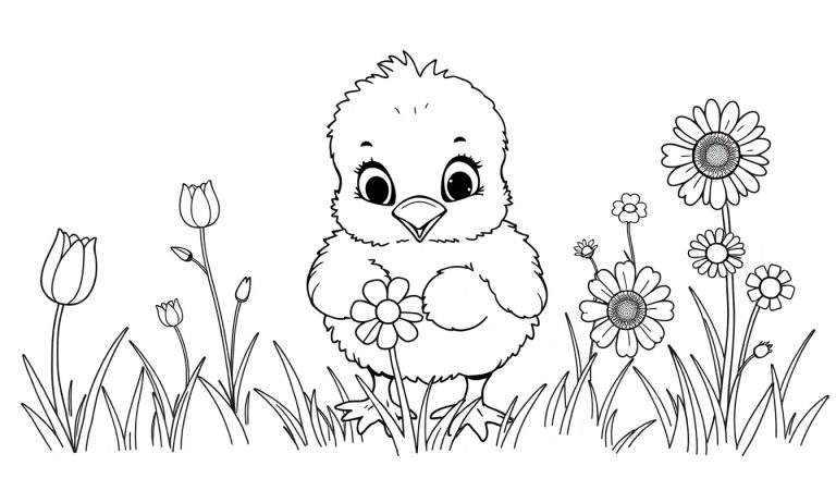 Un pollito feliz sostiene una margarita, listo para la placa de color.