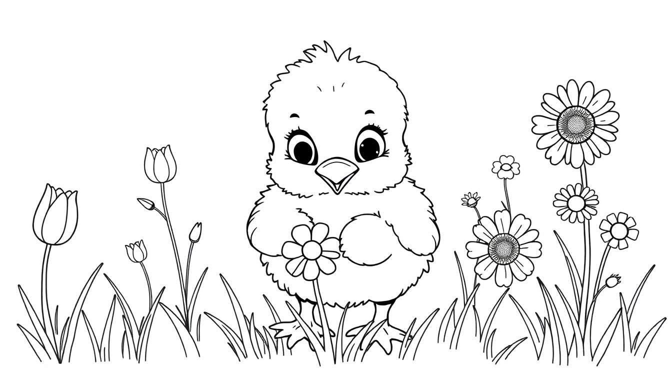 Un pollito feliz sostiene una margarita, listo para la placa de color.