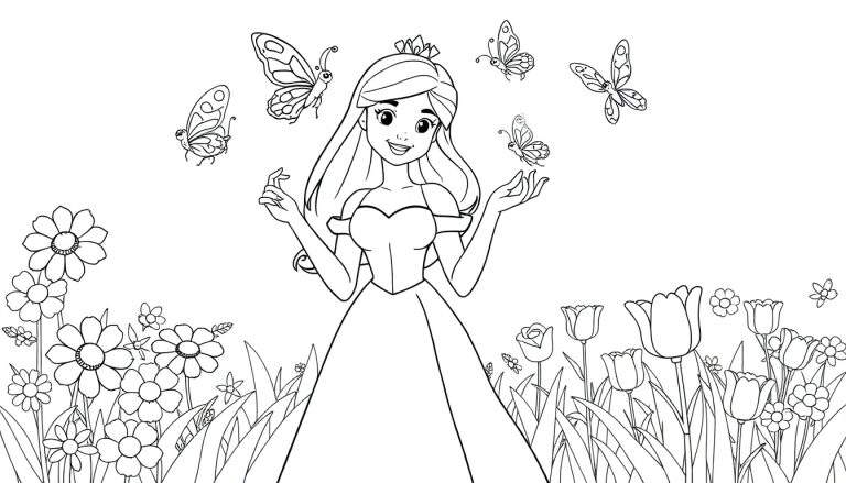 Página para colorear de una princesa en un jardín con flores y mariposas, lista para añadir color.