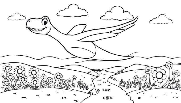 Pterodáctilo amigable volando sobre un paisaje de ensueño en blanco y negro para colorear, con río y flores. Una placa de color para la imaginación.