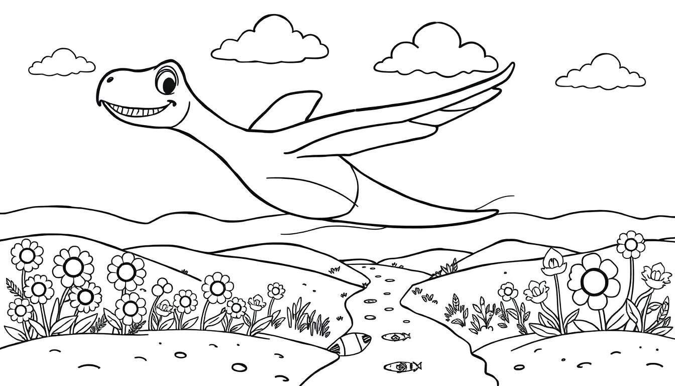 Pterodáctilo amigable volando sobre un paisaje de ensueño en blanco y negro para colorear, con río y flores. Una placa de color para la imaginación.