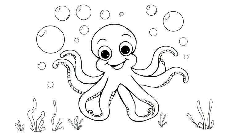 Un dibujo lineal de un pulpo sonriente con ocho tentáculos ondulados y burbujas de colores, listo para ser pintado en una placa de color.