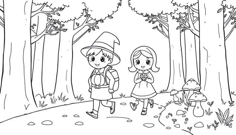 Página para colorear de peregrinos infantiles en un bosque.