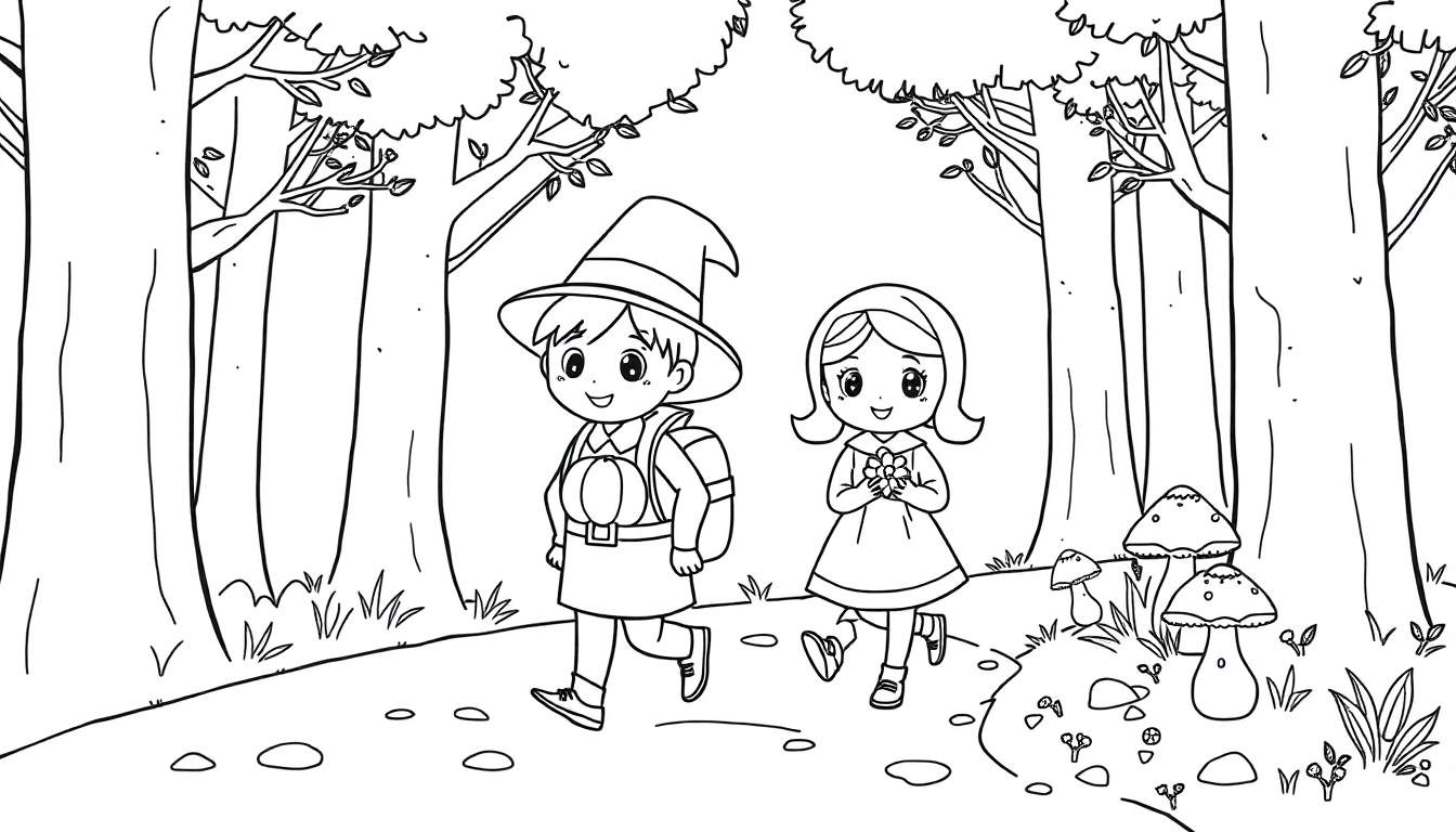 Página para colorear de peregrinos infantiles en un bosque.
