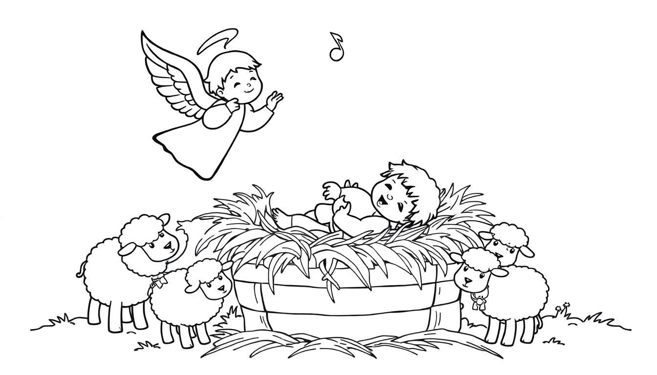 Una página para colorear de la Natividad con un bebé Jesús, ángeles y ovejas.