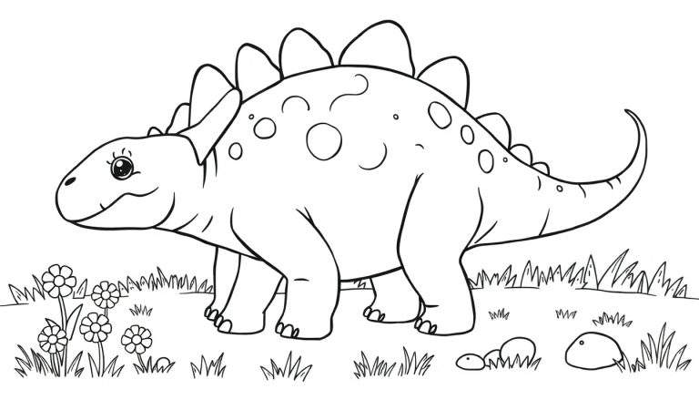 Un dibujo lineal en blanco y negro de un estegosaurio amigable con grandes ojos para colorear, con sus distintivas placas en la espalda.