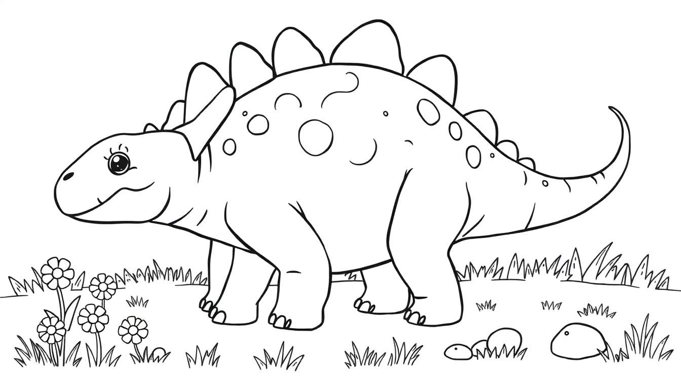 Un dibujo lineal en blanco y negro de un estegosaurio amigable con grandes ojos para colorear, con sus distintivas placas en la espalda.