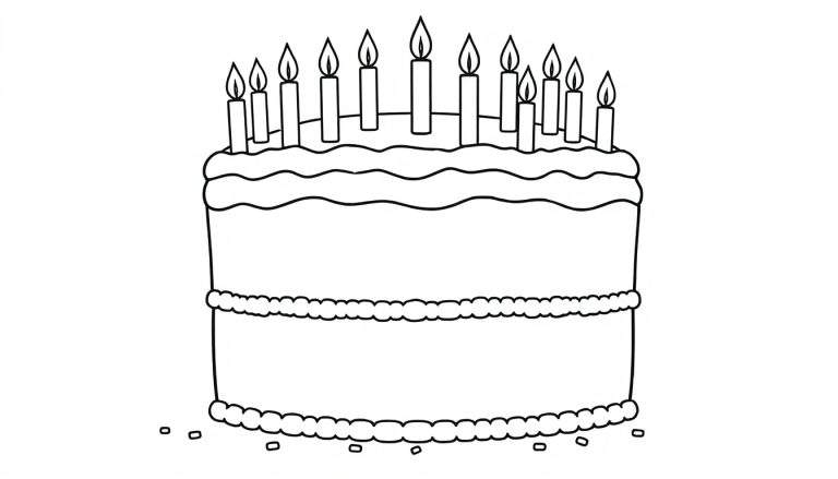 Una página para colorear en blanco y negro de una gran tarta de cumpleaños feliz con muchas velas encendidas, lista para ser coloreada con la placa de color.