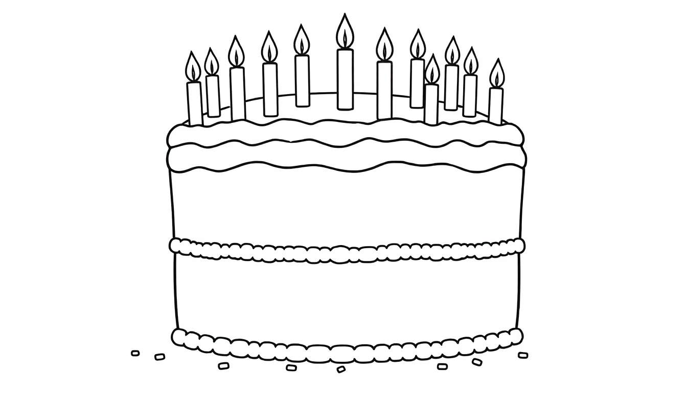 Una página para colorear en blanco y negro de una gran tarta de cumpleaños feliz con muchas velas encendidas, lista para ser coloreada con la placa de color.