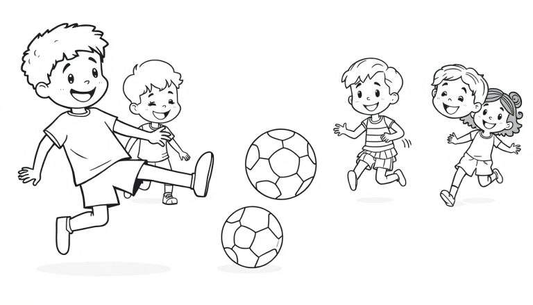 Niños sonriendo jugando al fútbol en una página para colorear en blanco y negro.