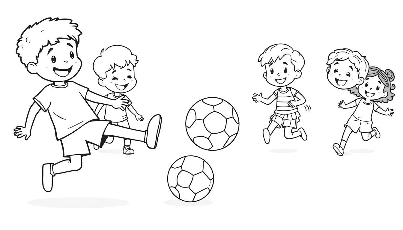Niños sonriendo jugando al fútbol en una página para colorear en blanco y negro.