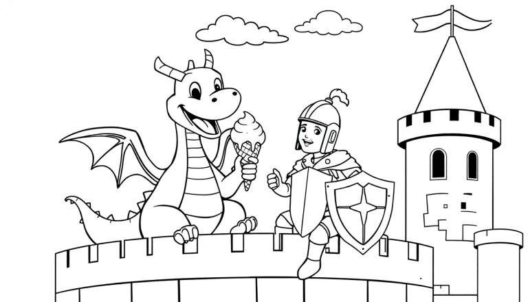 Página para colorear de un dragón amigable compartiendo un helado con un caballero.