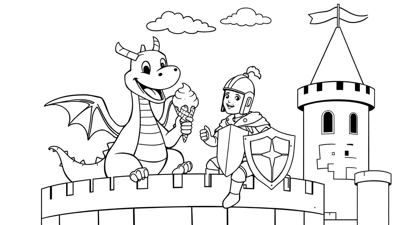 Página para colorear de un dragón amigable compartiendo un helado con un caballero.