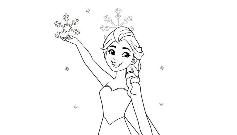 Página para colorear de Elsa sonriendo con un copo de nieve gigante, lista para la placa de color.