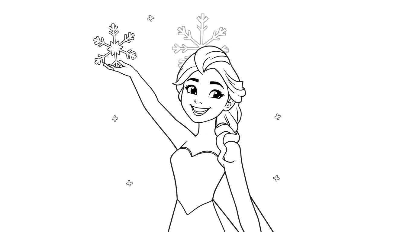 Página para colorear de Elsa sonriendo con un copo de nieve gigante, lista para la placa de color.