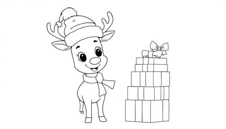 Página para colorear de Navidad con un reno sonriente con gorro y bufanda junto a regalos.