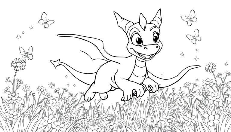 Página para colorear de Spyro el dragón sonriendo en un prado de flores con mariposas y estrellas.