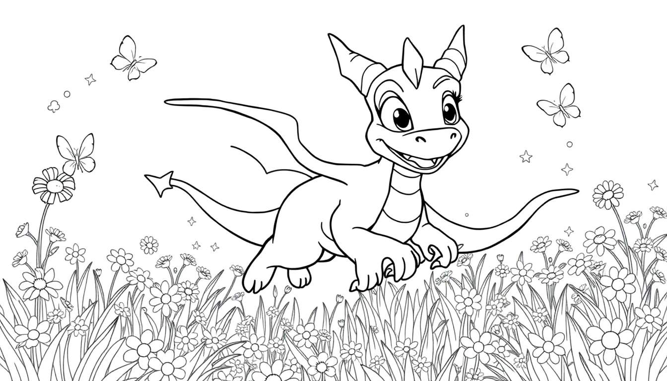 Página para colorear de Spyro el dragón sonriendo en un prado de flores con mariposas y estrellas.