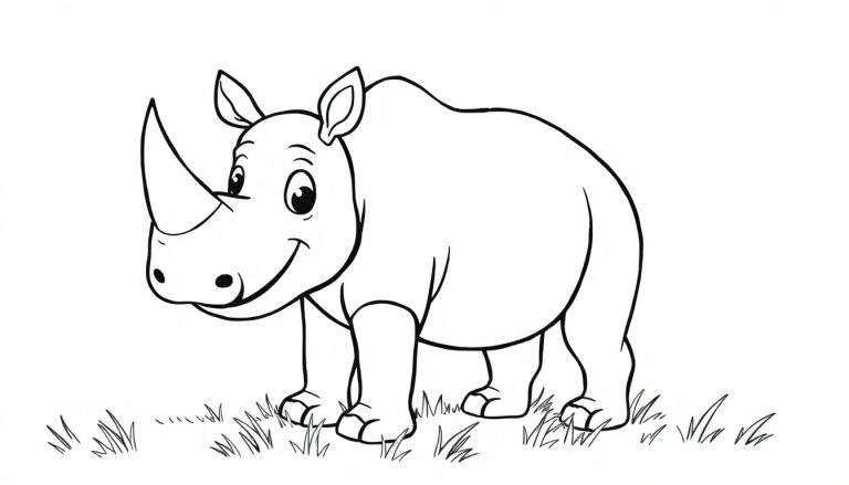 Rinoceronte de caricatura amigable para colorear, con un gran cuerno en la nariz, sobre un lecho de hierba, página para colorear en blanco y negro.