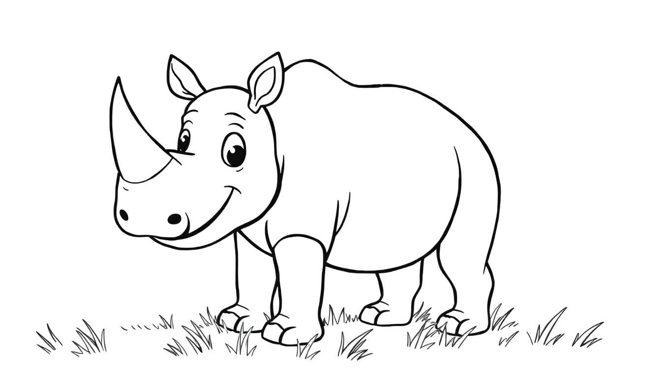 Rinoceronte de caricatura amigable para colorear, con un gran cuerno en la nariz, sobre un lecho de hierba, página para colorear en blanco y negro.