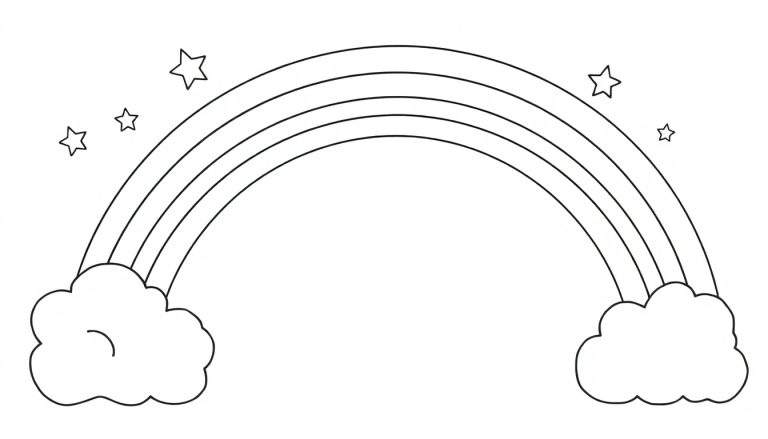 Página para colorear de un arcoíris con placa de color, nubes y estrellas.