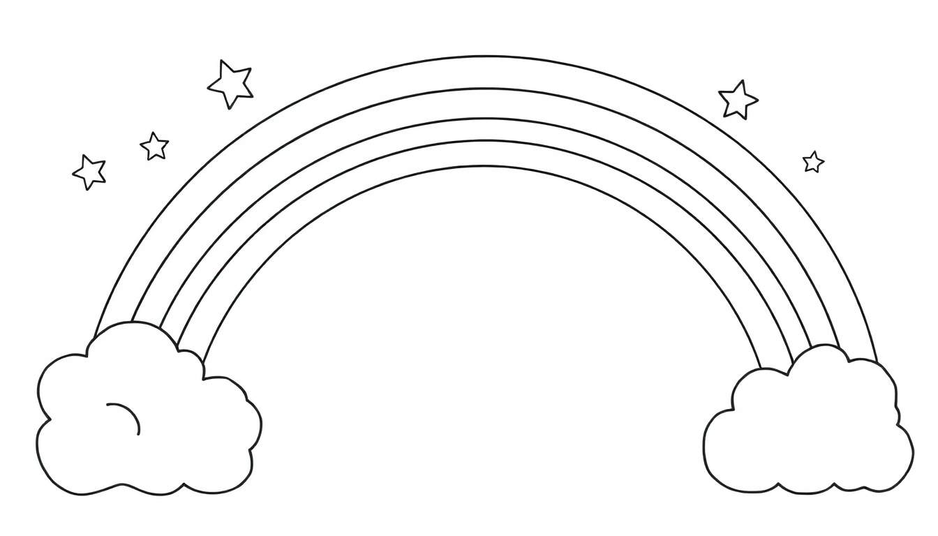 Página para colorear de un arcoíris con placa de color, nubes y estrellas.
