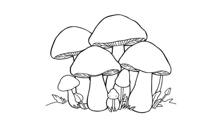Una página para colorear de un grupo de adorables setas con un pequeño escarabajo amigable.